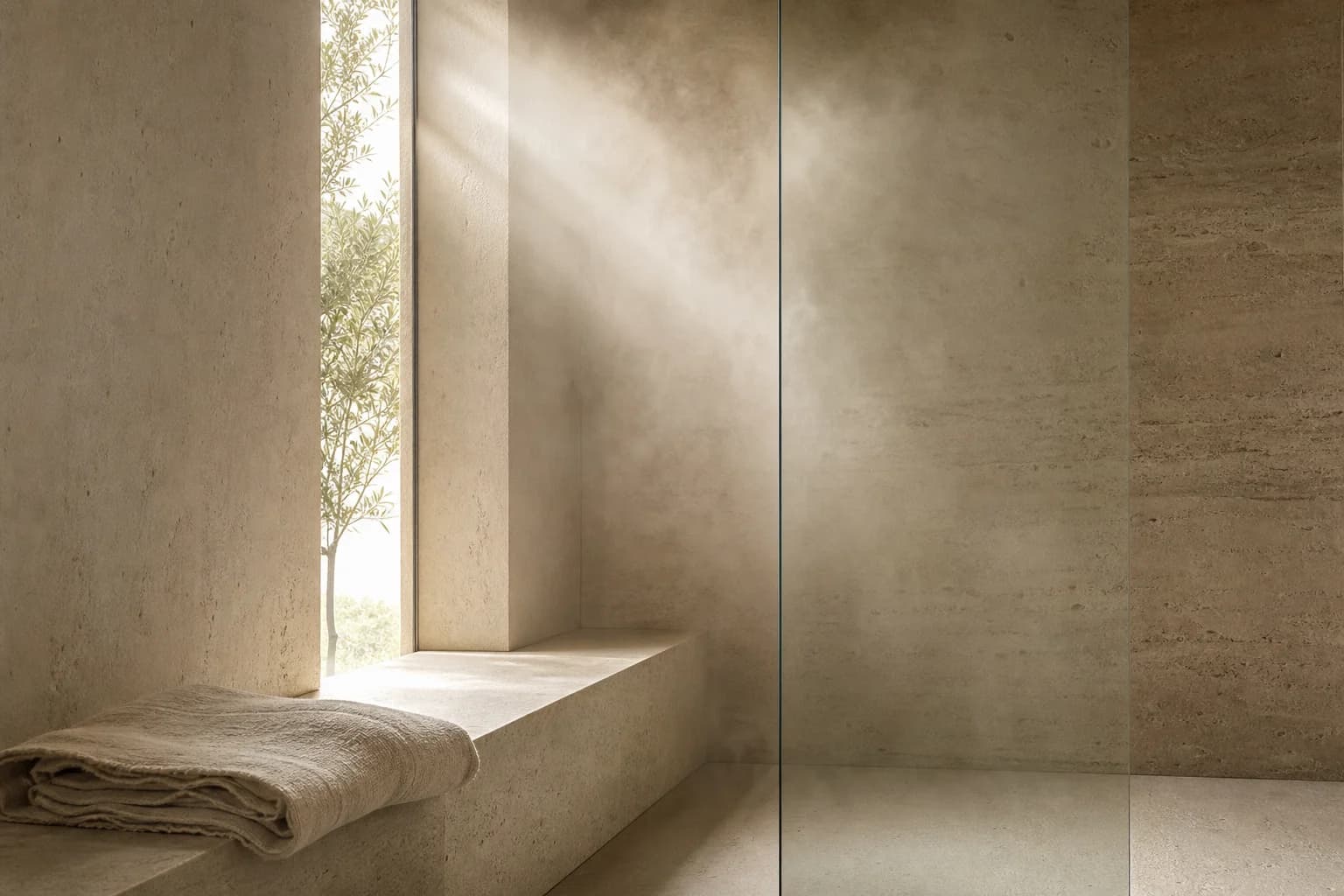 Calm contemporary stone bathroom in soft daylight